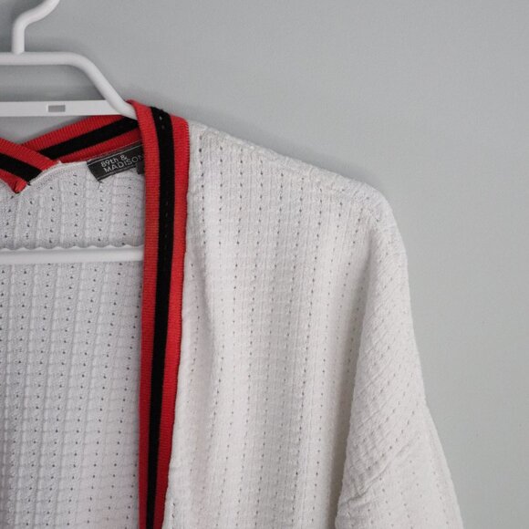 89th & Madison Open Front Oversized White Small Knit Red Collar Sweater Cardigan - Picture 5 of 11